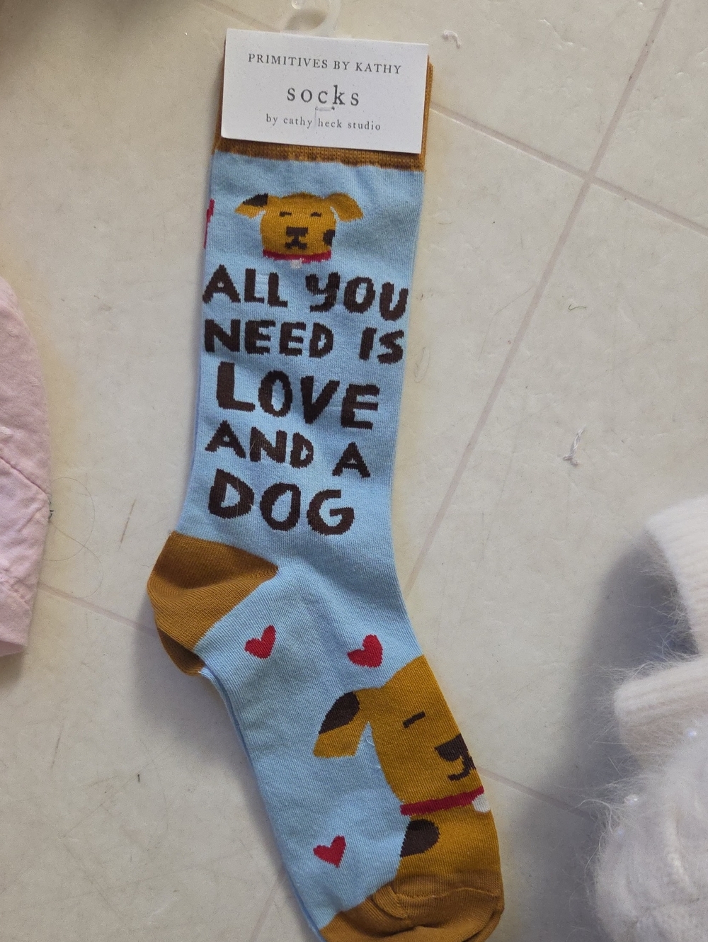 New,  Os, Primitives by Kathy Light Blue Dog Love Crew Socks with Tan Accents